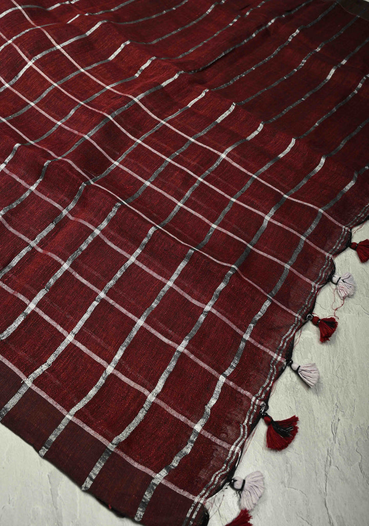 Maroon Linen by Cotton Saree with Silver Zari Stripes
