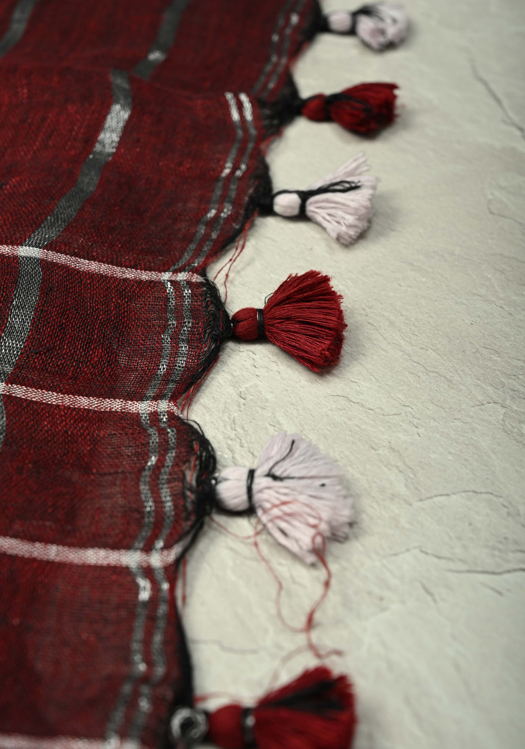 Maroon Linen by Cotton Saree with Silver Zari Stripes