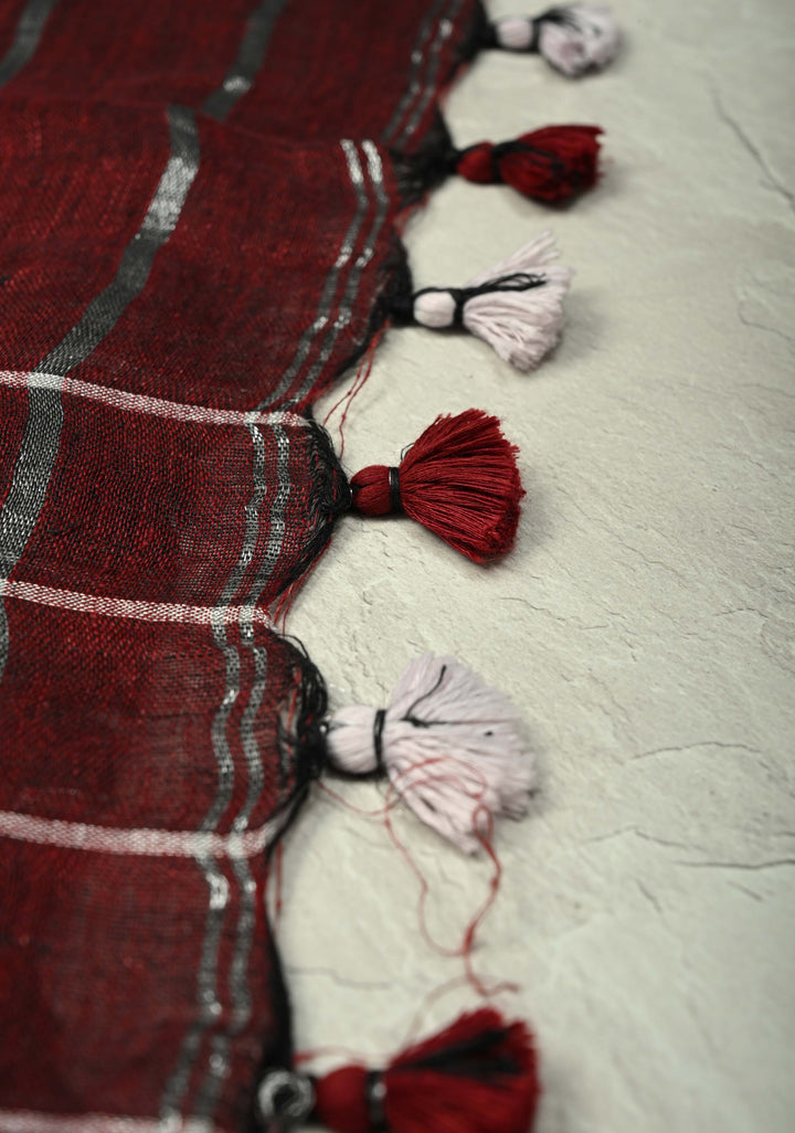 Maroon Linen by Cotton Saree with Silver Zari Stripes