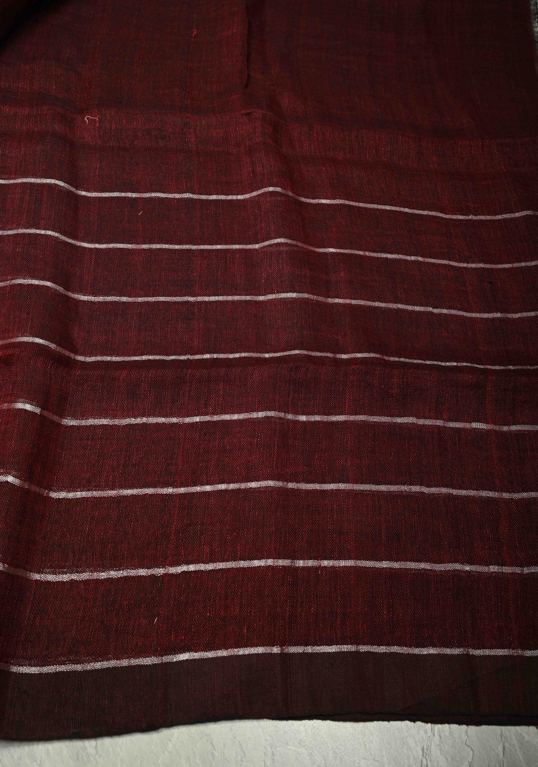 Maroon Linen by Cotton Saree with Silver Zari Stripes