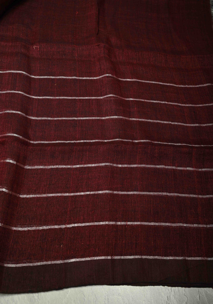 Maroon Linen by Cotton Saree with Silver Zari Stripes