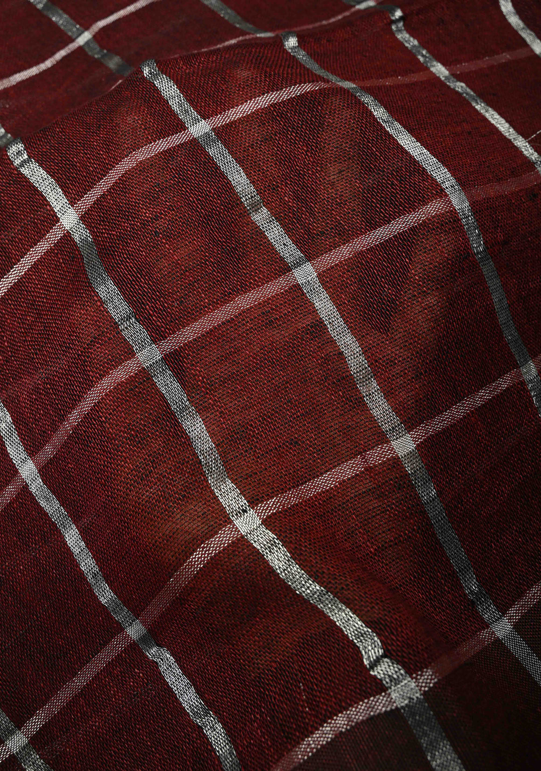 Maroon Linen by Cotton Saree with Silver Zari Stripes