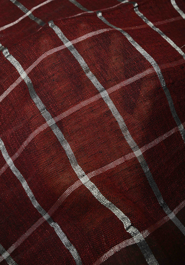 Maroon Linen by Cotton Saree with Silver Zari Stripes