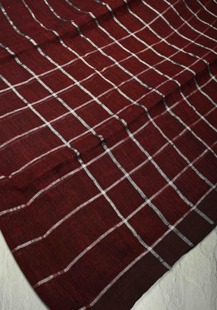 Maroon Linen by Cotton Saree with Silver Zari Stripes
