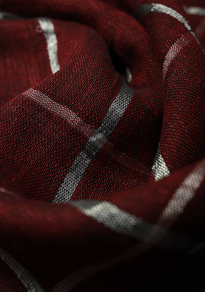 Maroon Linen by Cotton Saree with Silver Zari Stripes