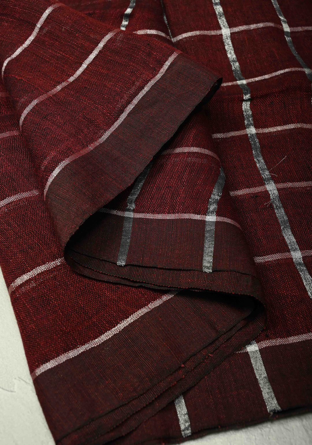 Maroon Linen by Cotton Saree with Silver Zari Stripes