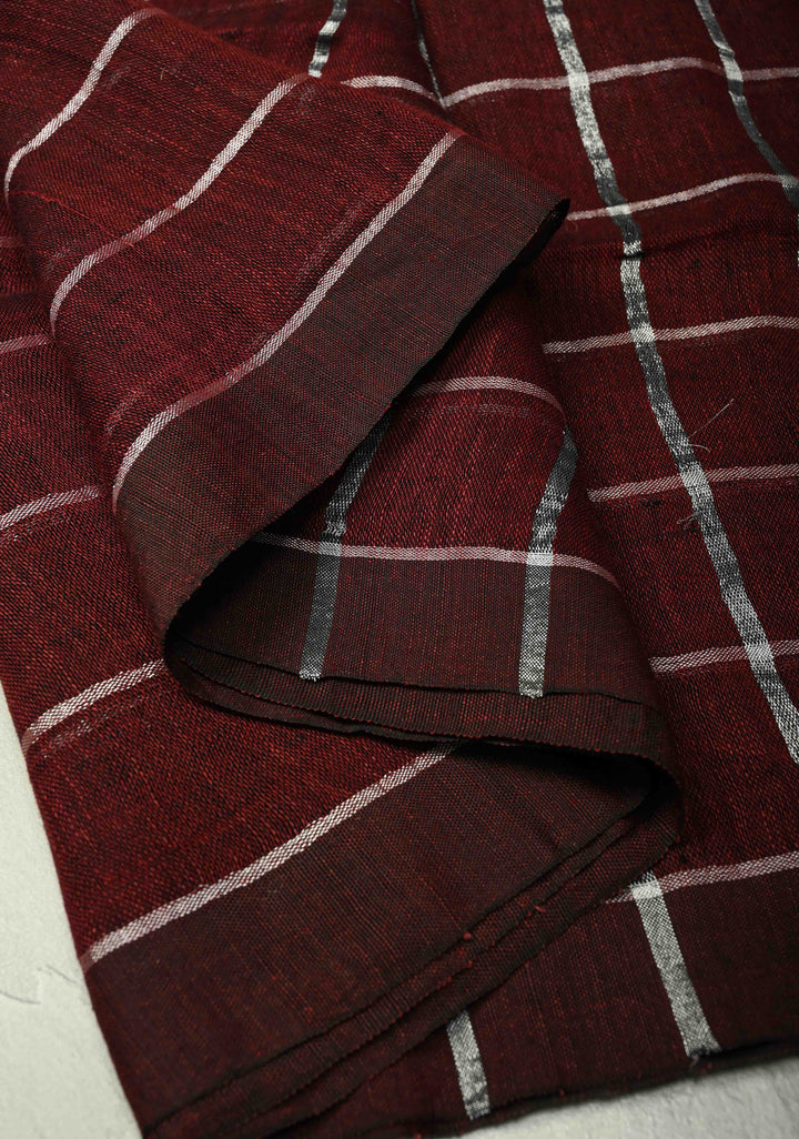 Maroon Linen by Cotton Saree with Silver Zari Stripes