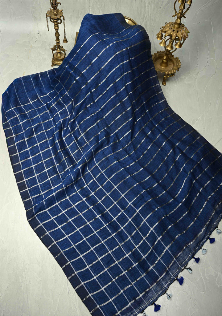 Royal Blue Linen by Cotton Saree with Silver Zari Stripes