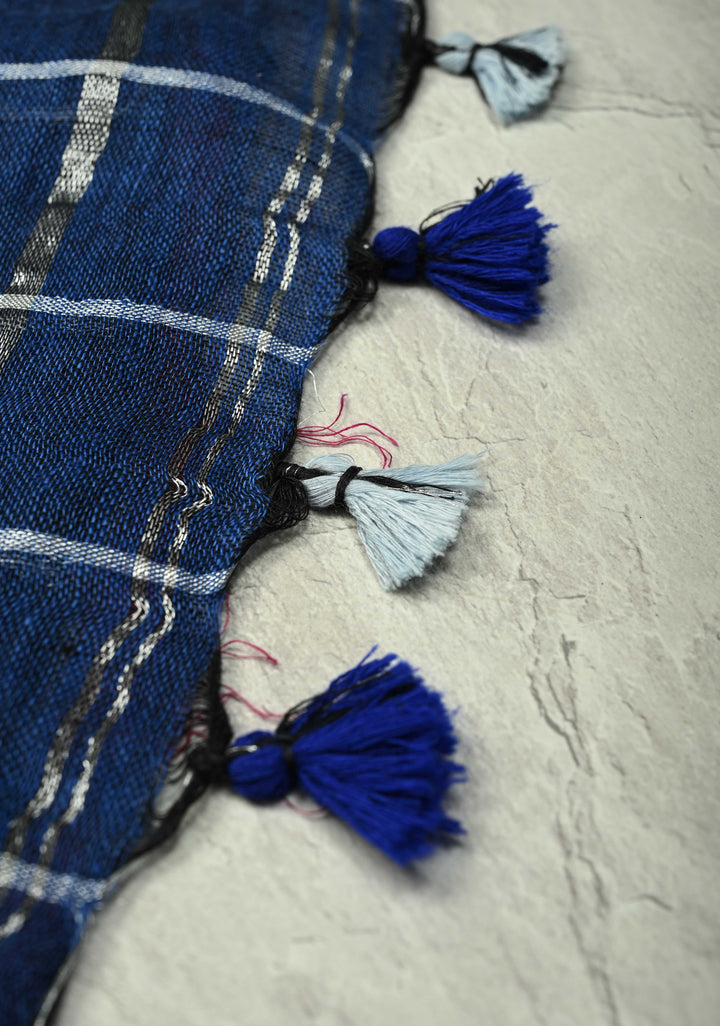 Royal Blue Linen by Cotton Saree with Silver Zari Stripes