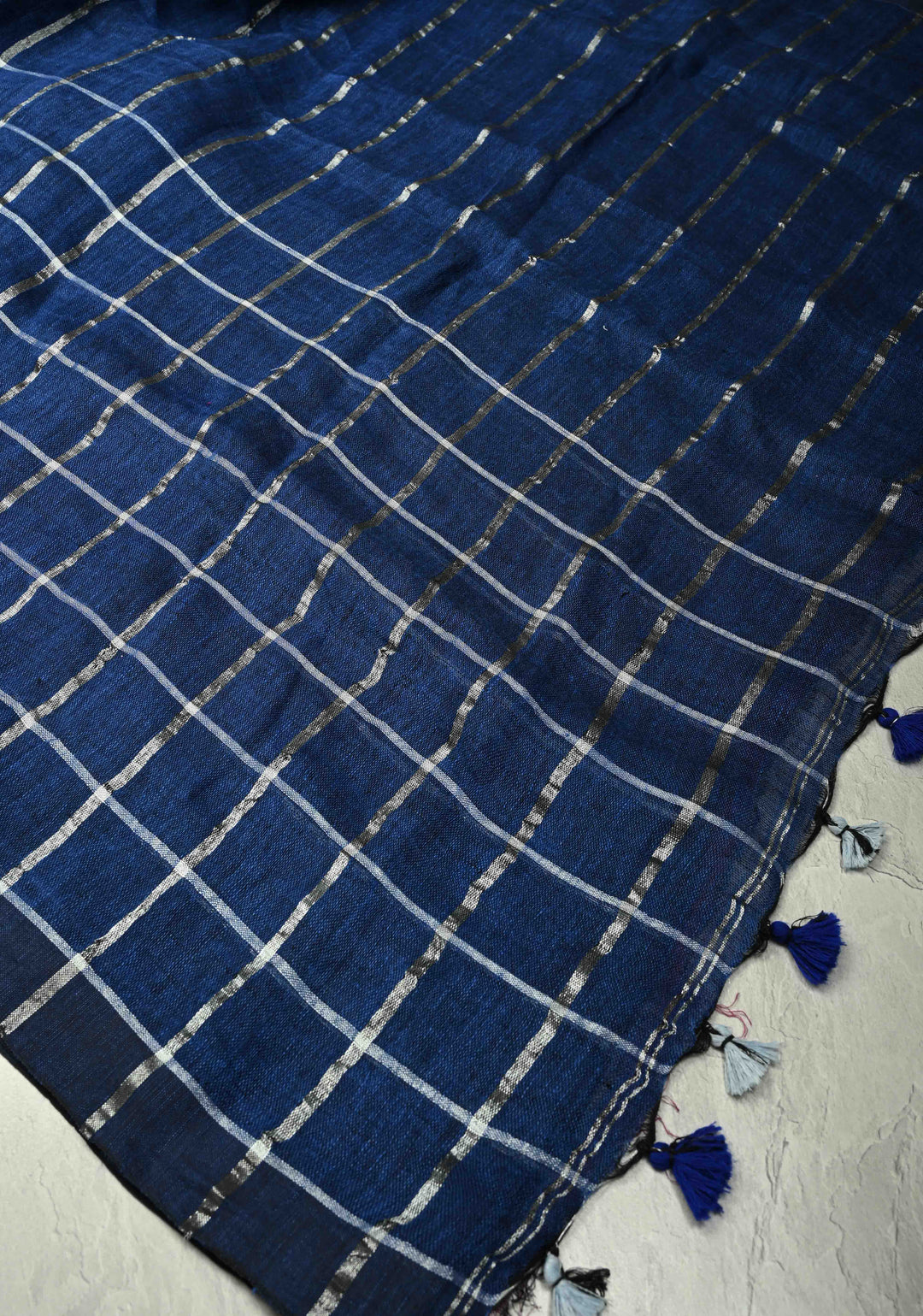 Royal Blue Linen by Cotton Saree with Silver Zari Stripes