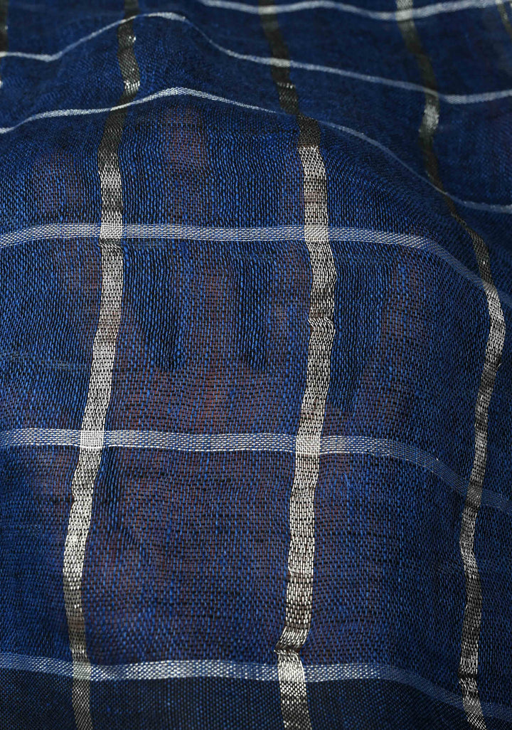 Royal Blue Linen by Cotton Saree with Silver Zari Stripes