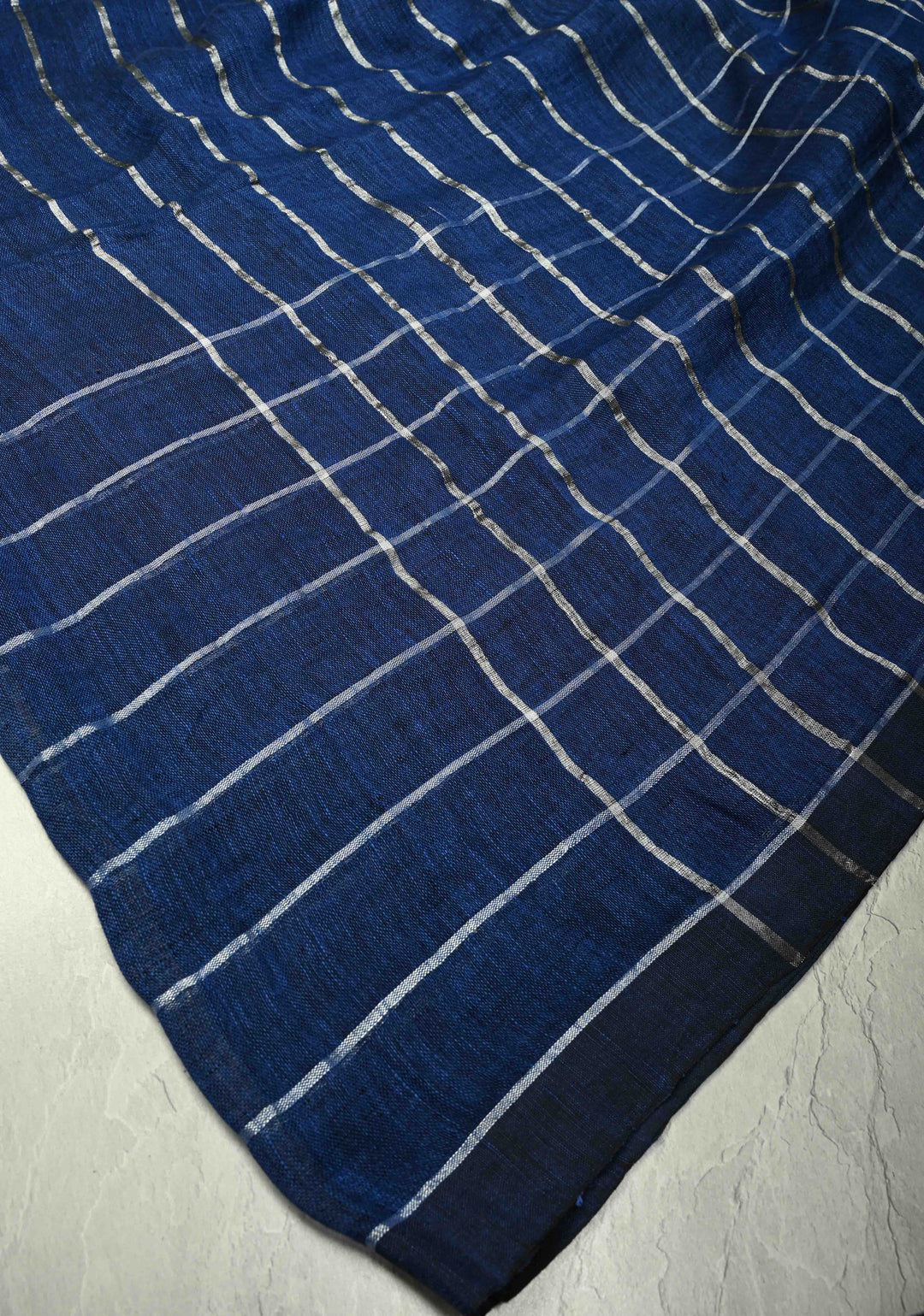 Royal Blue Linen by Cotton Saree with Silver Zari Stripes