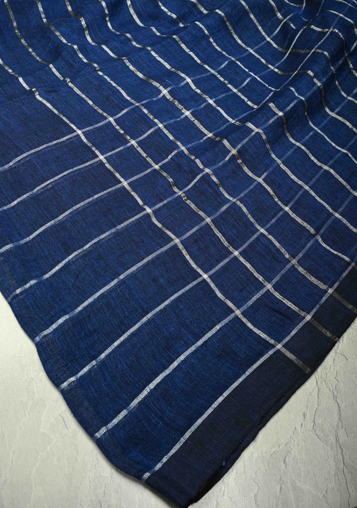 Royal Blue Linen by Cotton Saree with Silver Zari Stripes