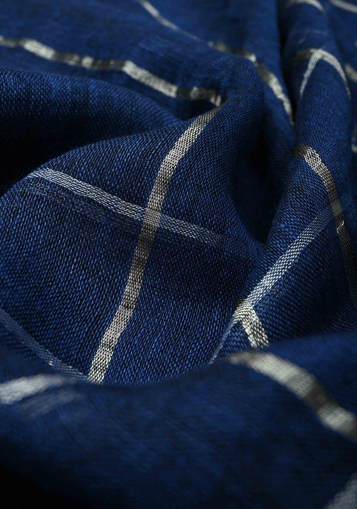 Royal Blue Linen by Cotton Saree with Silver Zari Stripes