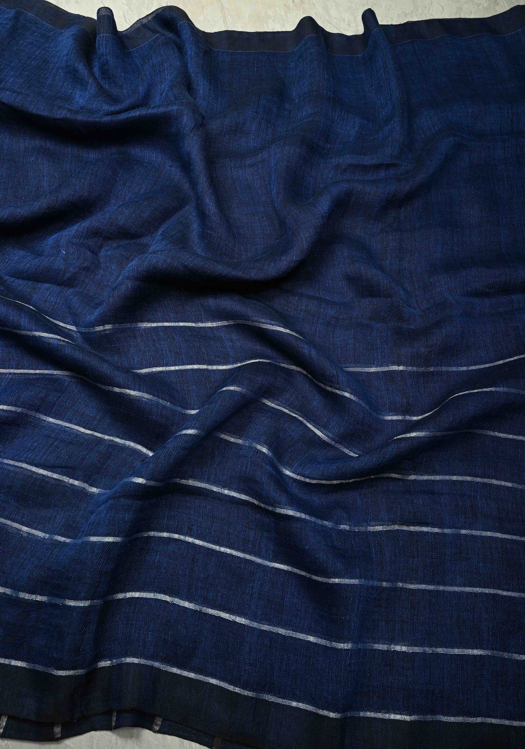 Royal Blue Linen by Cotton Saree with Silver Zari Stripes