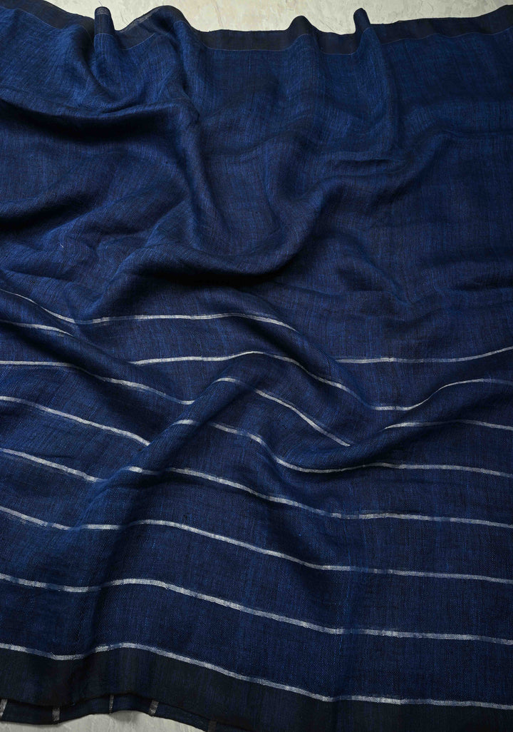 Royal Blue Linen by Cotton Saree with Silver Zari Stripes