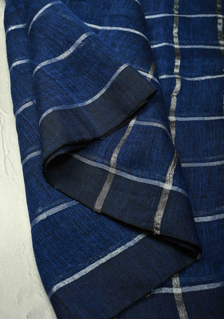 Royal Blue Linen by Cotton Saree with Silver Zari Stripes