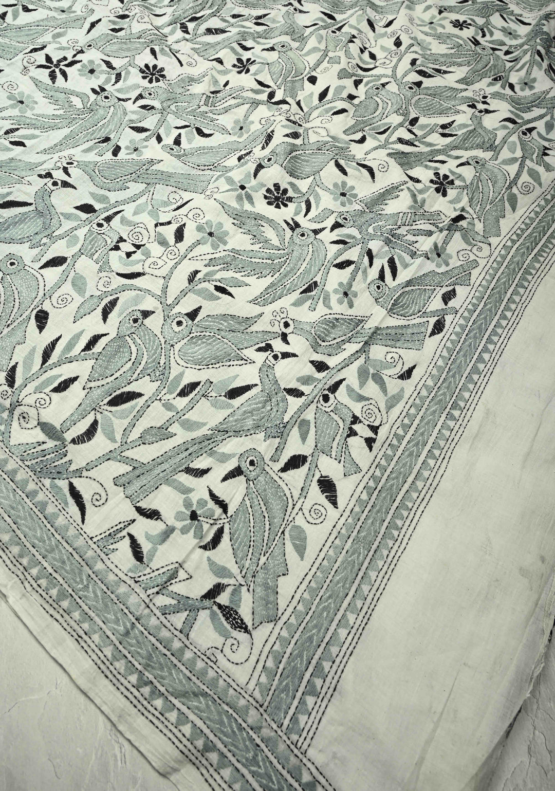 Light Gray Nakshi Kantha Embroidery on Cotton saree