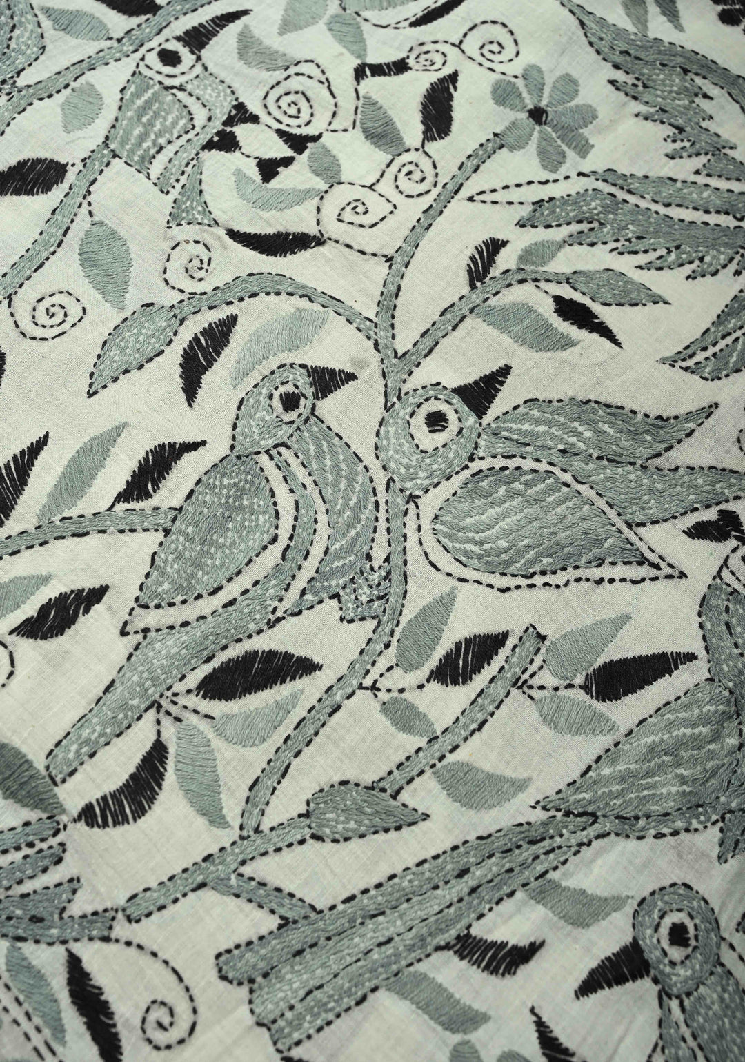 Light Gray Nakshi Kantha Embroidery on Cotton saree