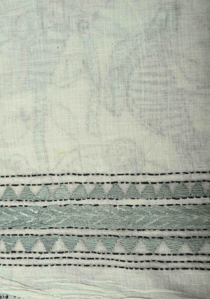 Light Gray Nakshi Kantha Embroidery on Cotton saree