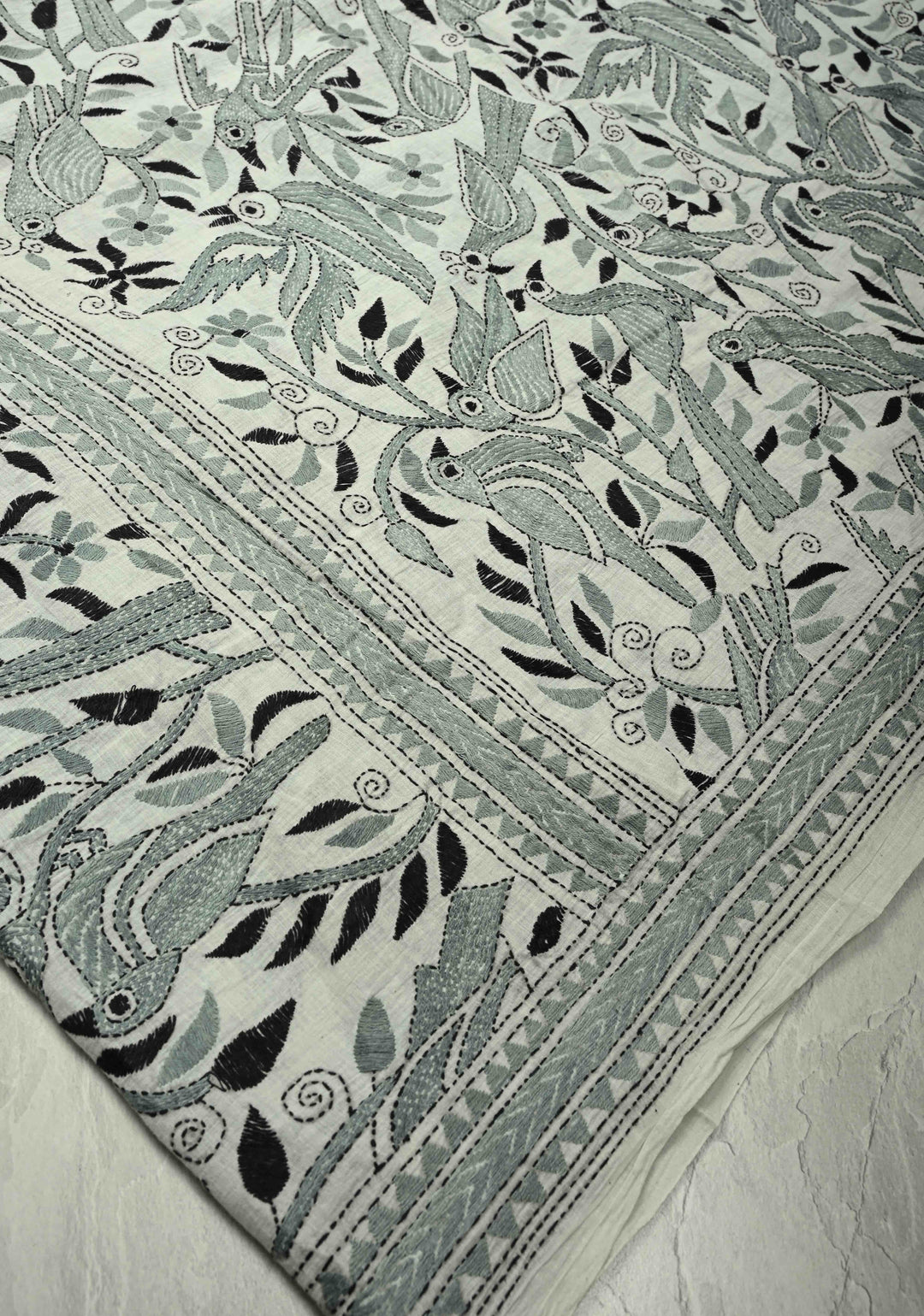 Light Gray Nakshi Kantha Embroidery on Cotton saree