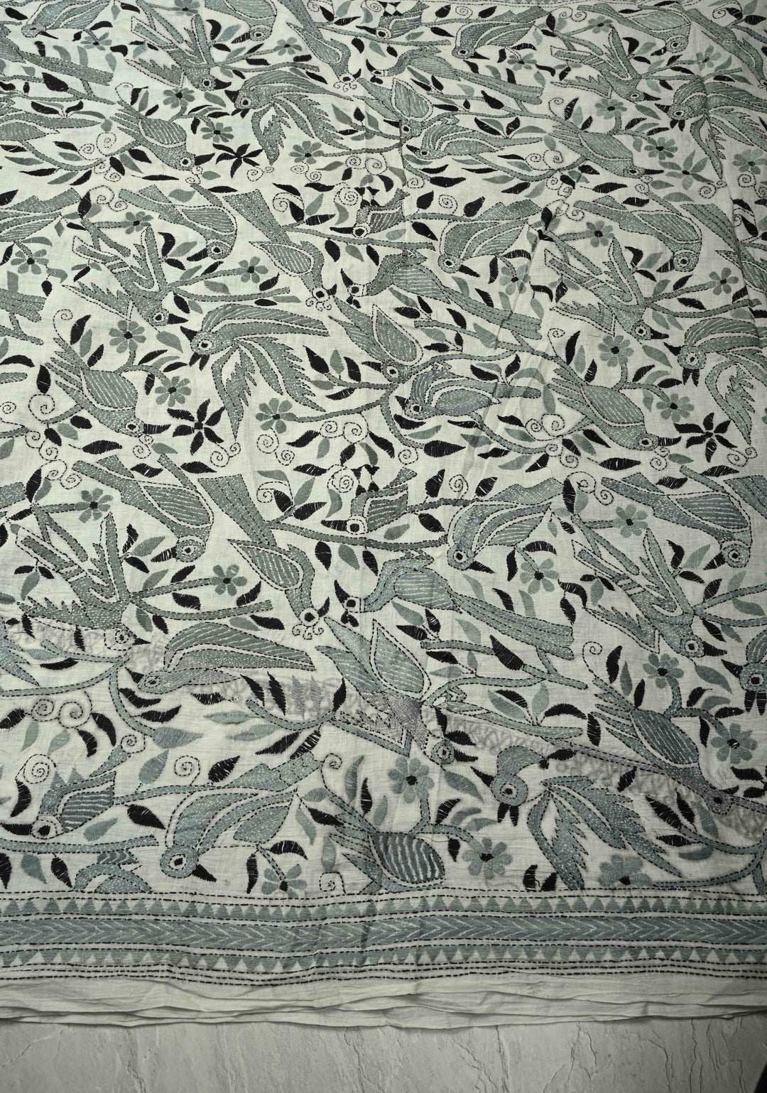 Light Gray Nakshi Kantha Embroidery on Cotton saree