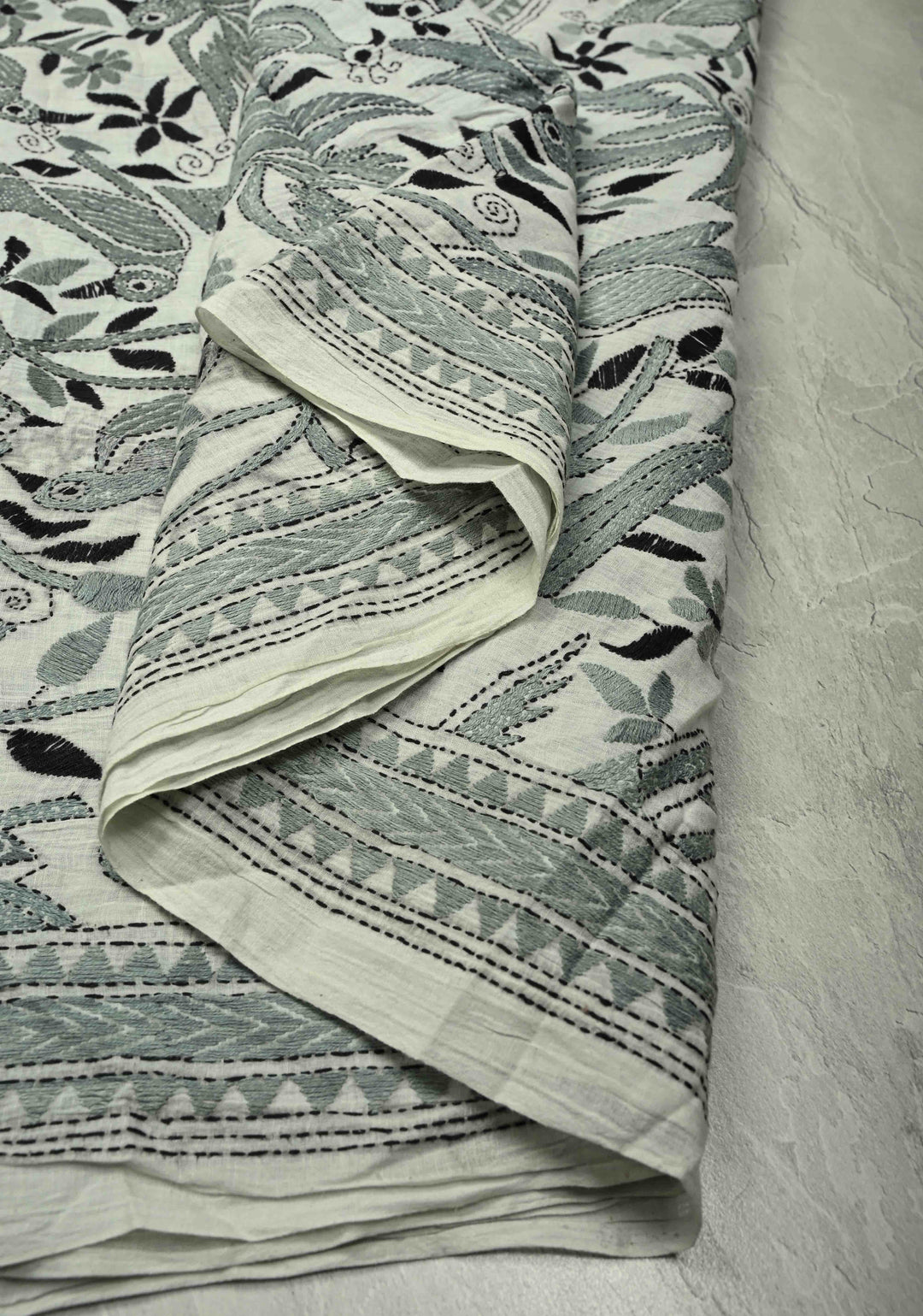 Light Gray Nakshi Kantha Embroidery on Cotton saree