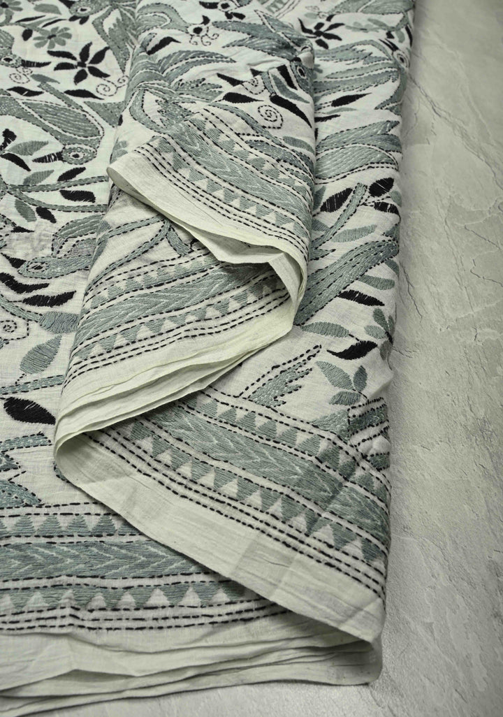 Light Gray Nakshi Kantha Embroidery on Cotton saree
