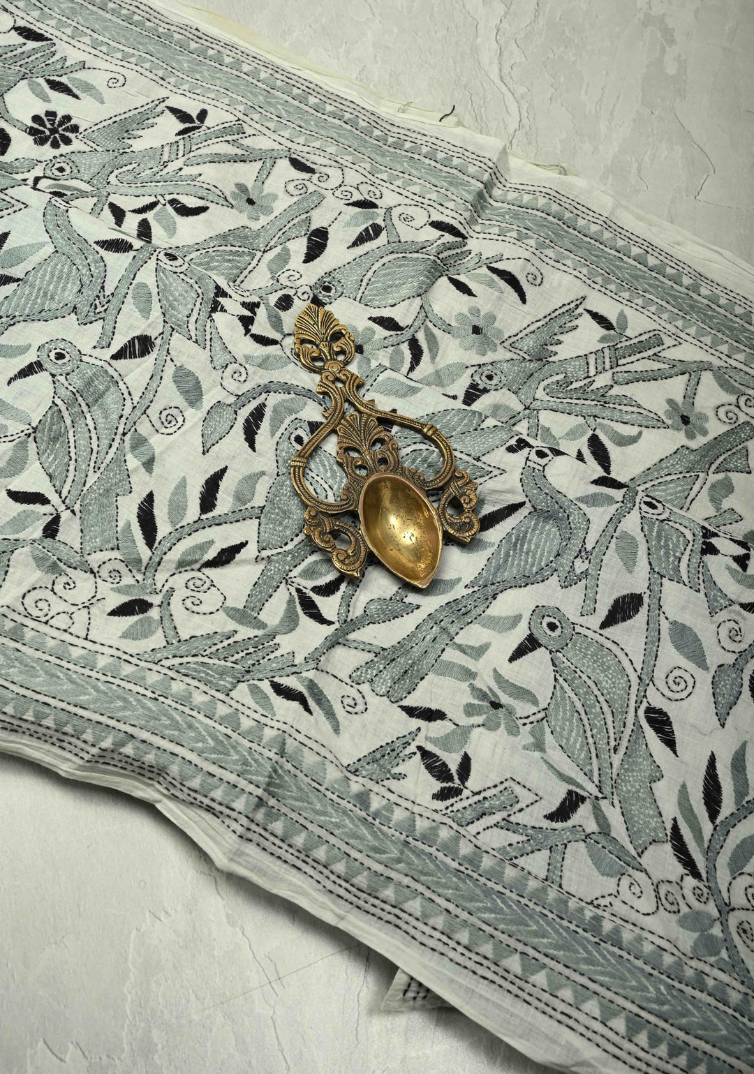 Light Gray Nakshi Kantha Embroidery on Cotton saree