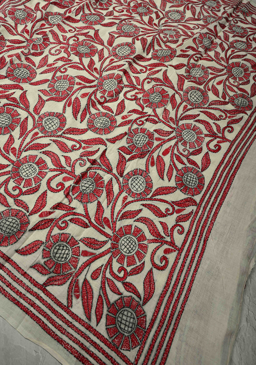 Off white  Nakshi Kantha Embroidery on Cotton saree