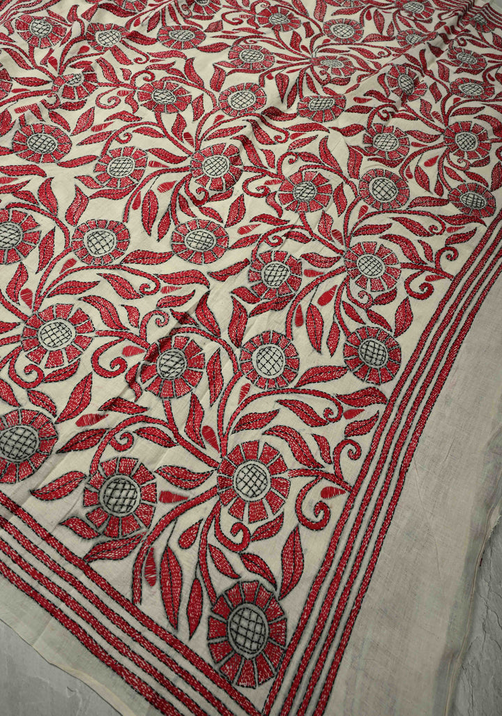 Off white  Nakshi Kantha Embroidery on Cotton saree