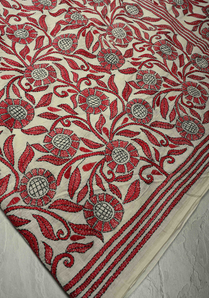 Off white  Nakshi Kantha Embroidery on Cotton saree