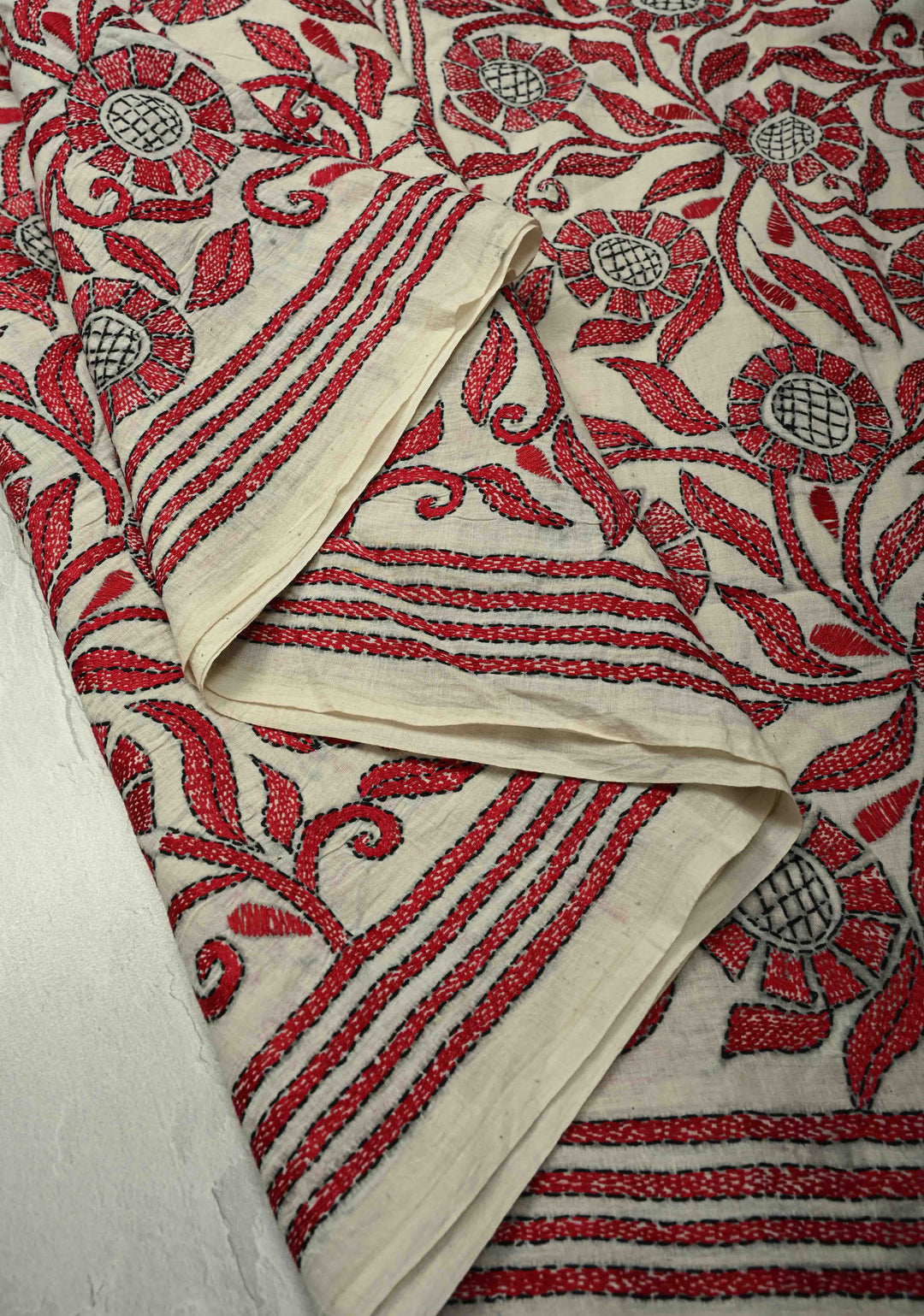 Off white  Nakshi Kantha Embroidery on Cotton saree
