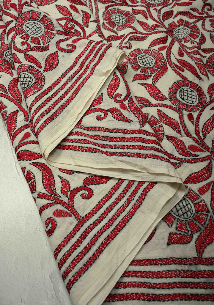 Off white  Nakshi Kantha Embroidery on Cotton saree
