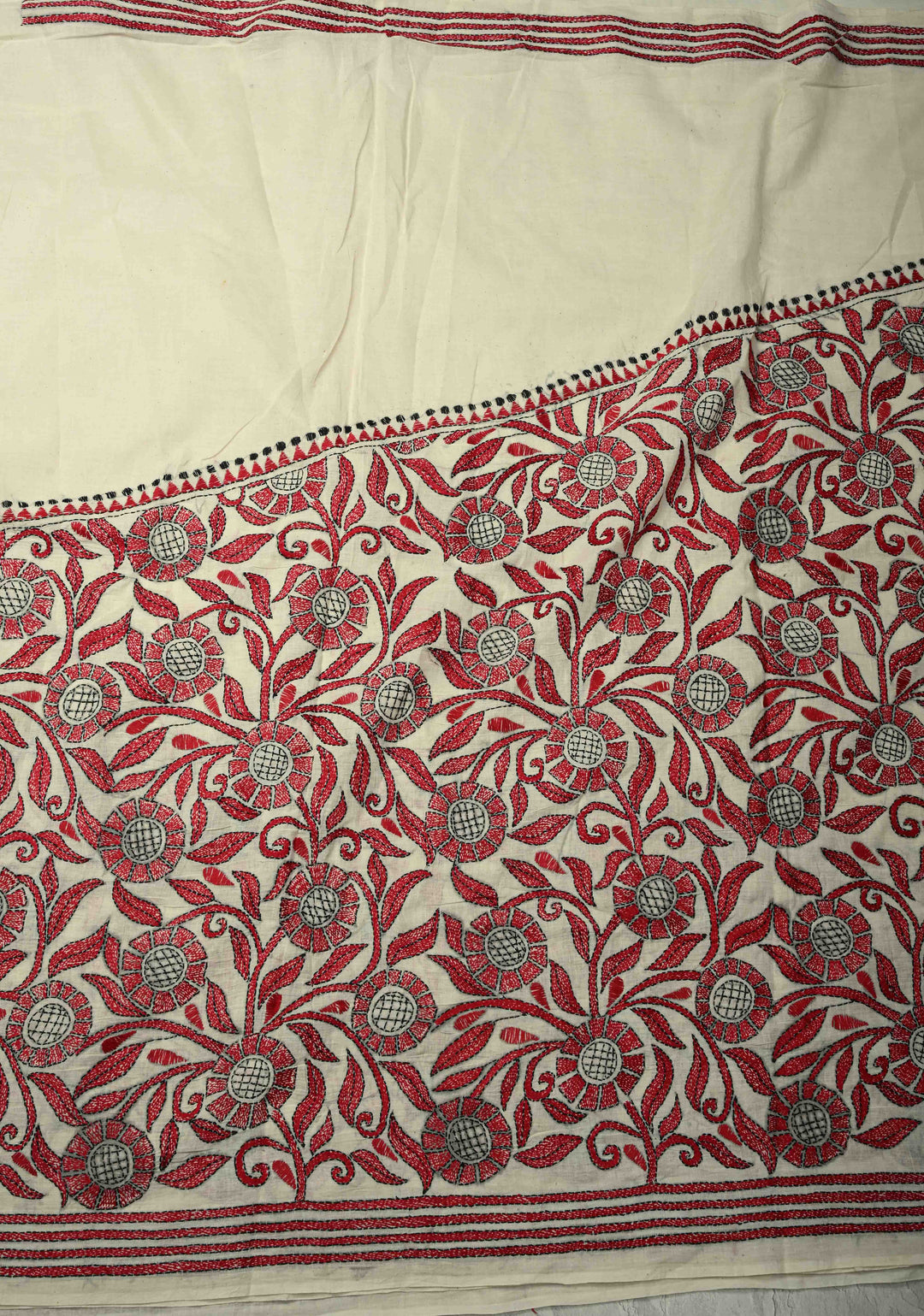 Off white  Nakshi Kantha Embroidery on Cotton saree