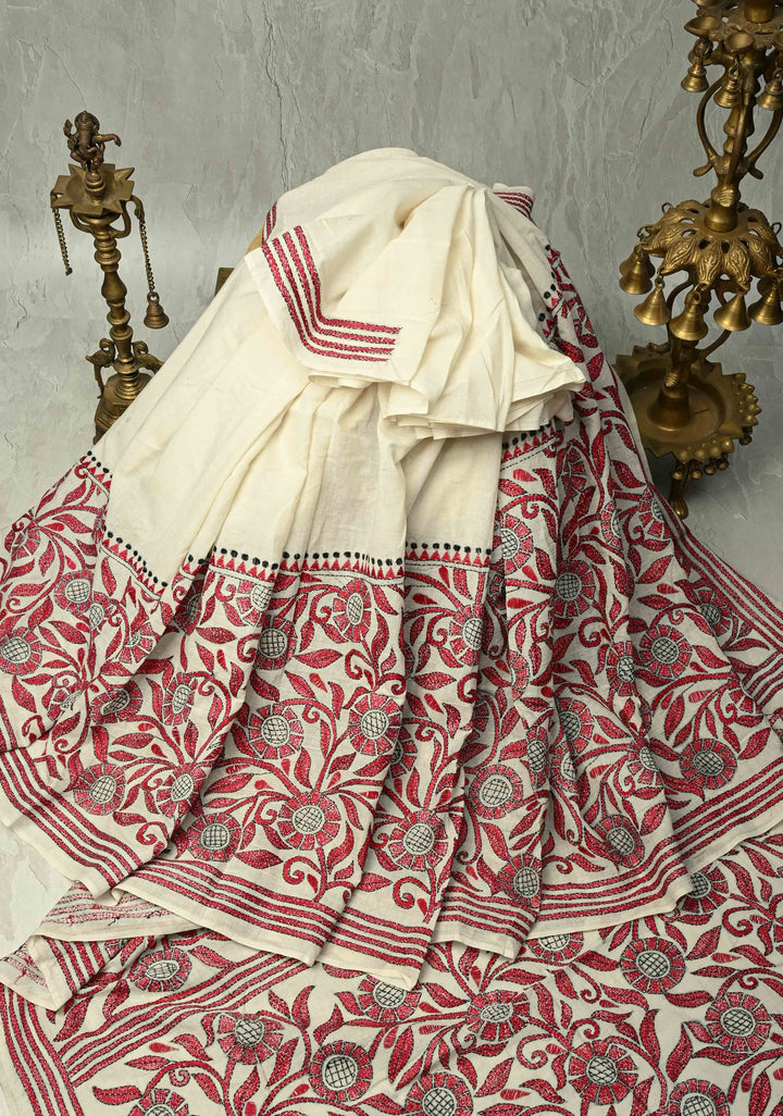 Off white  Nakshi Kantha Embroidery on Cotton saree