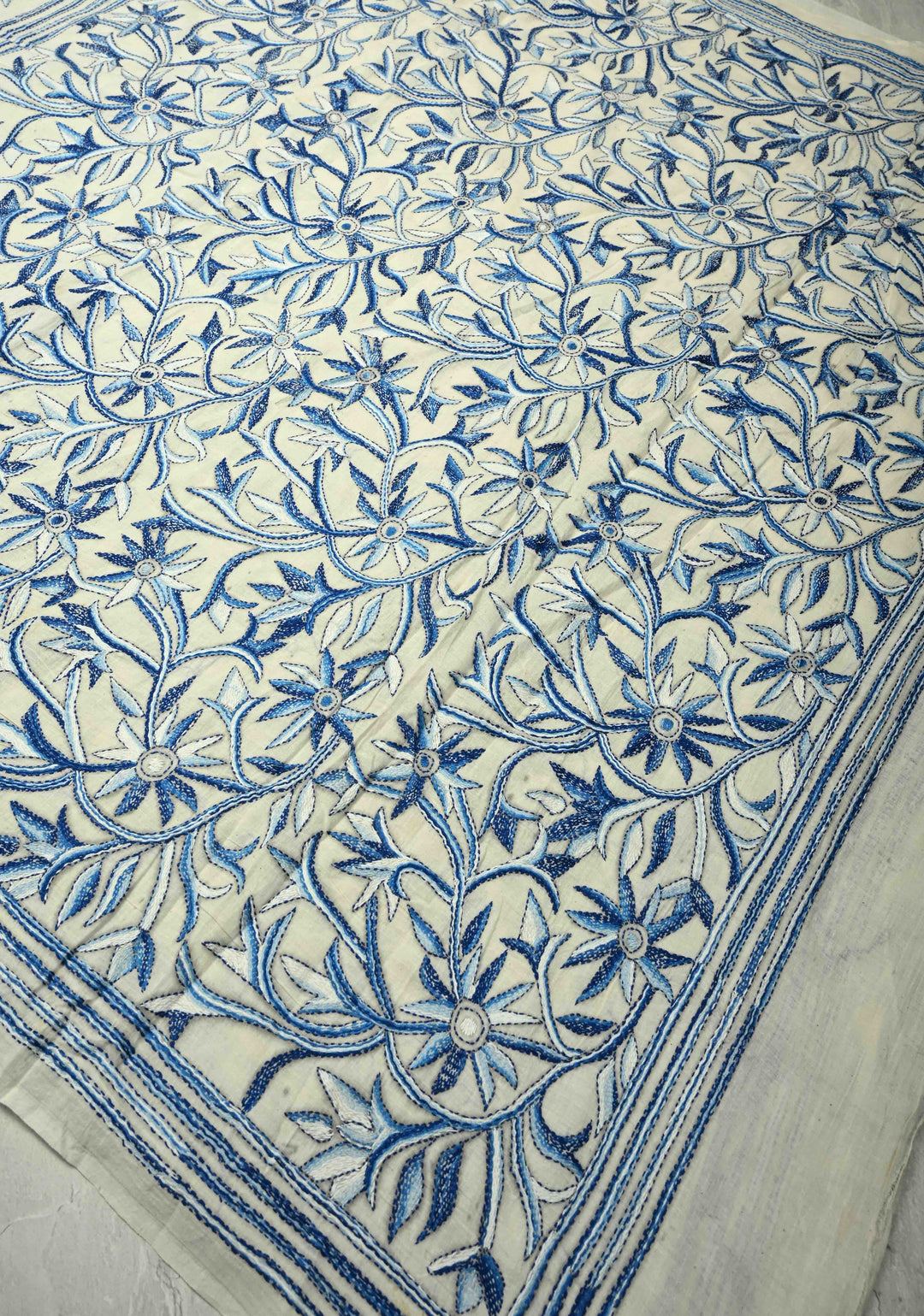 Off white Nakshi Kantha Embroidery on Cotton Saree with rising Border