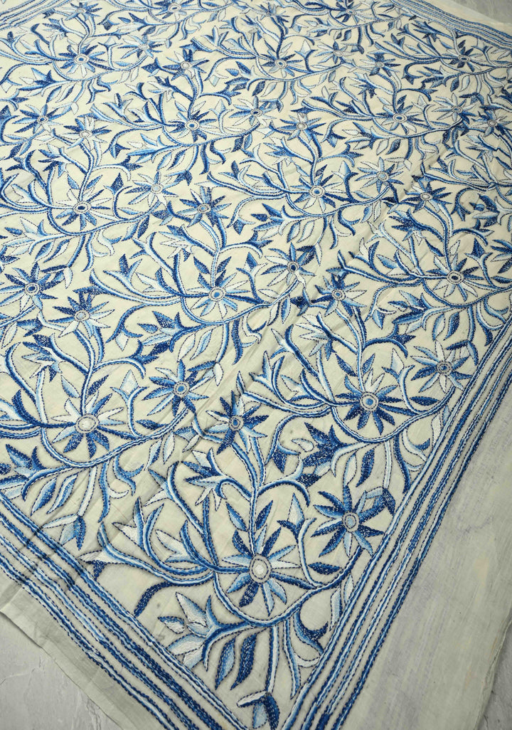 Off white Nakshi Kantha Embroidery on Cotton Saree with rising Border