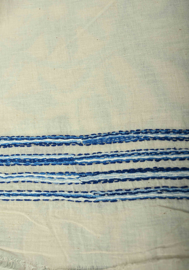 Off white Nakshi Kantha Embroidery on Cotton Saree with rising Border