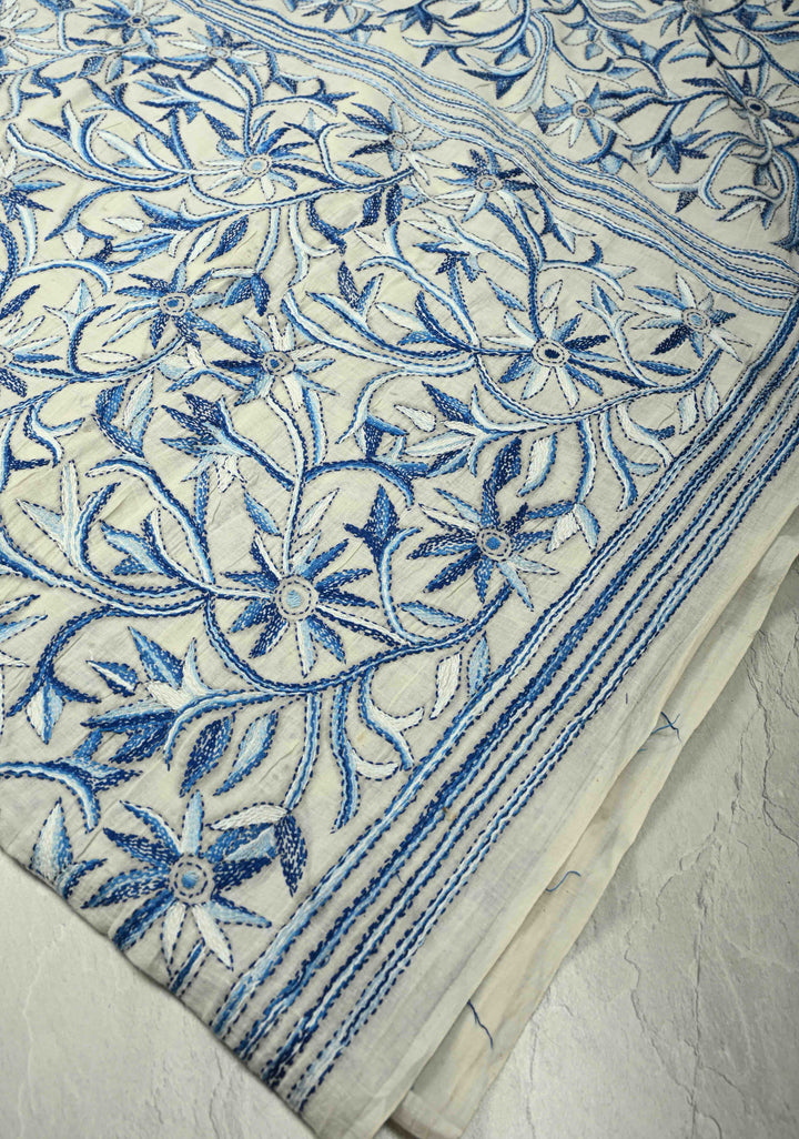 Off white Nakshi Kantha Embroidery on Cotton Saree with rising Border