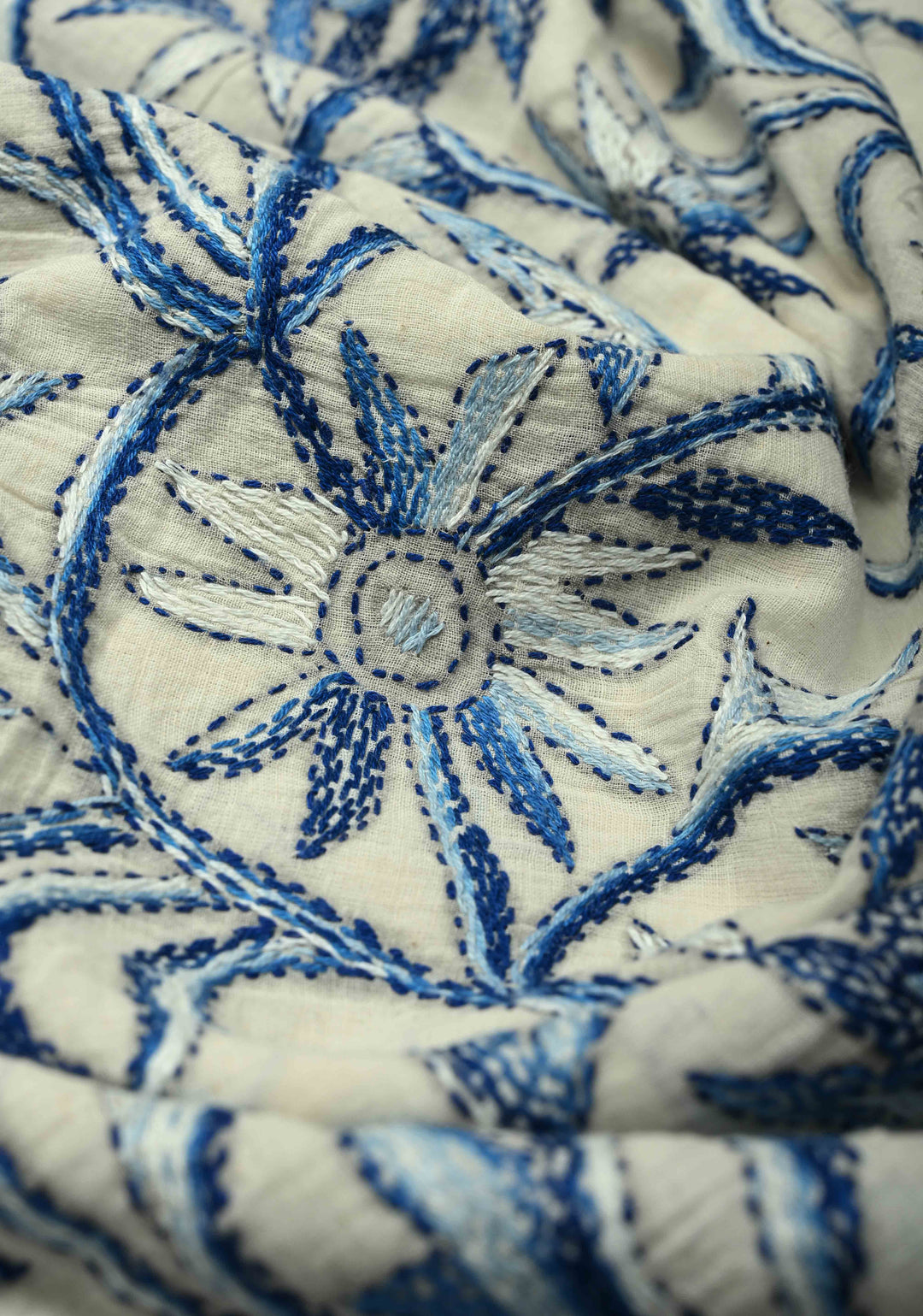 Off white Nakshi Kantha Embroidery on Cotton Saree with rising Border