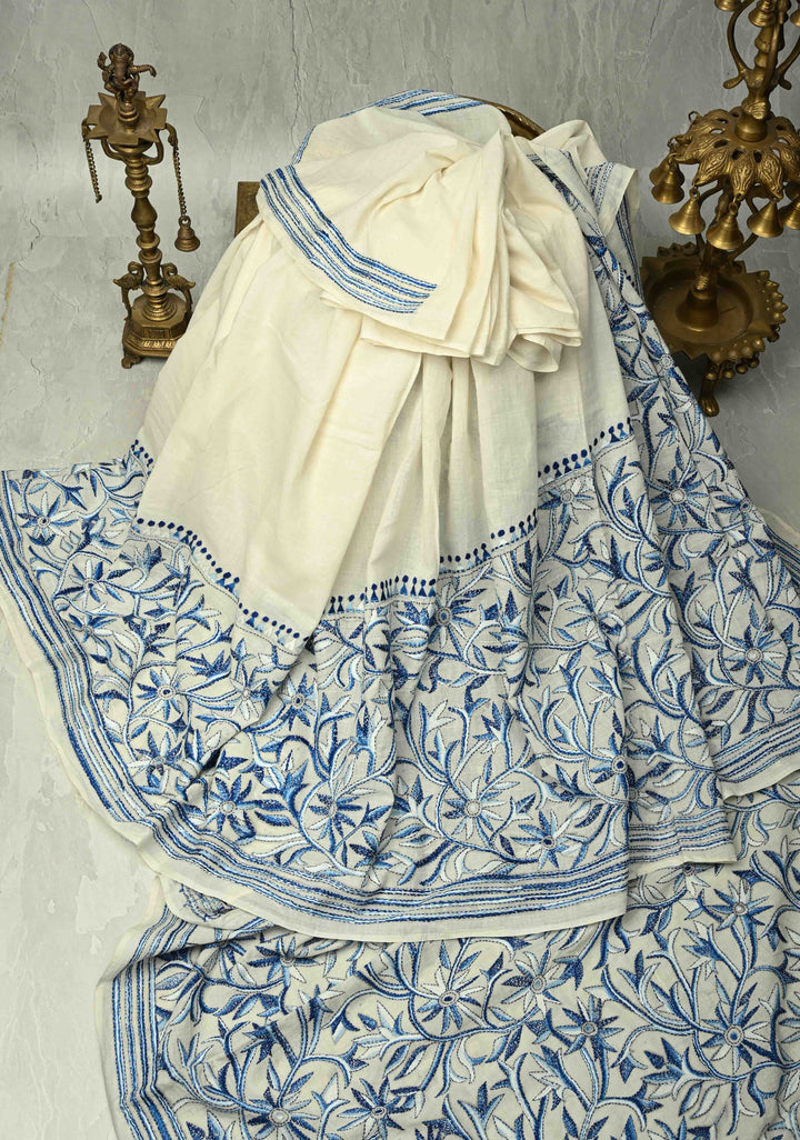 Off white Nakshi Kantha Embroidery on Cotton Saree with rising Border