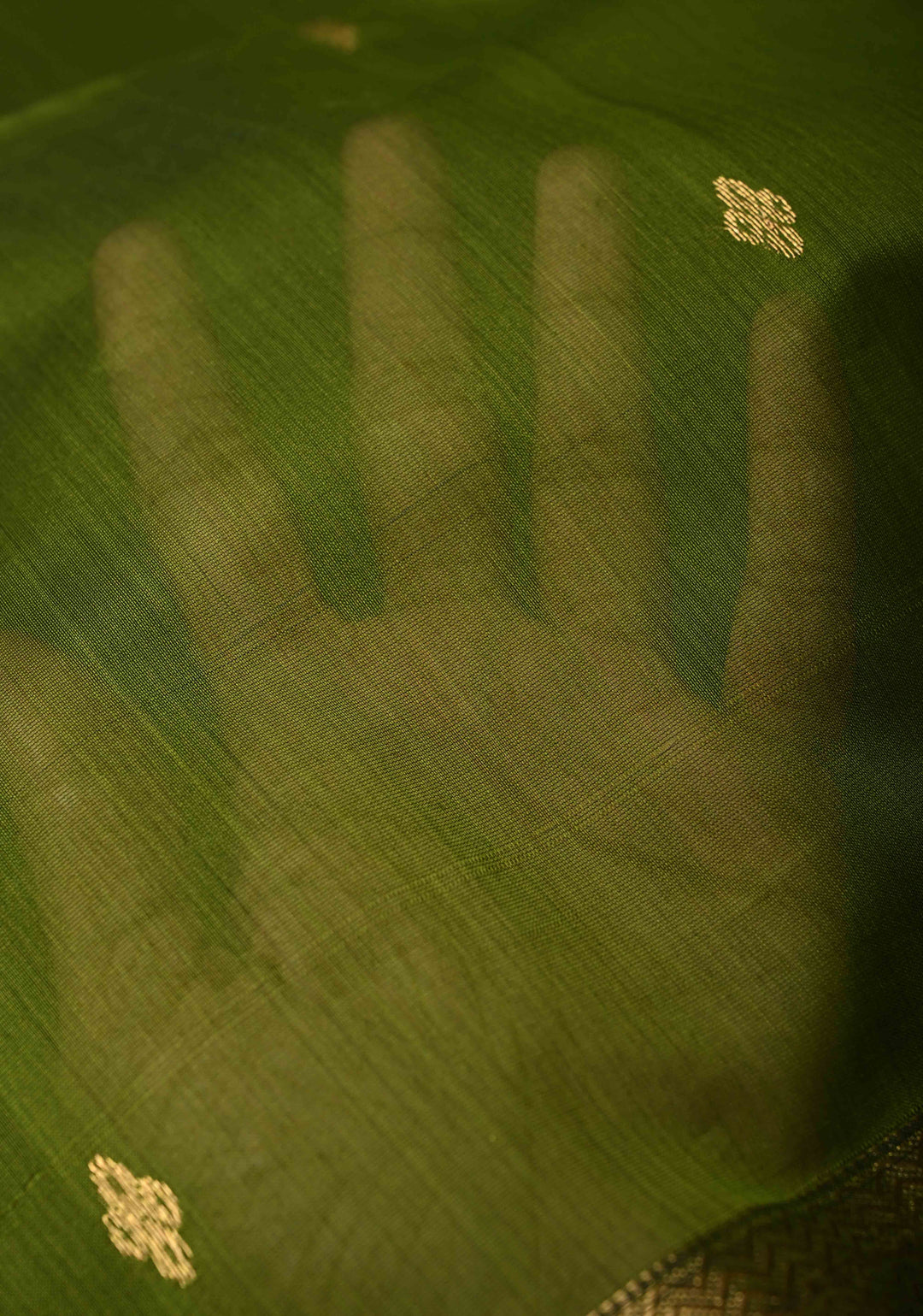 Olive Green Handwoven maheswari cotton silk saree with Zari Buttas and MInimal Border