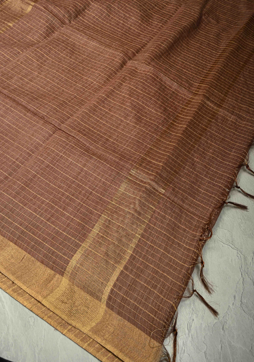 Dark Taupe Checks Tussar by Silk Saree with Minimal Zari Border