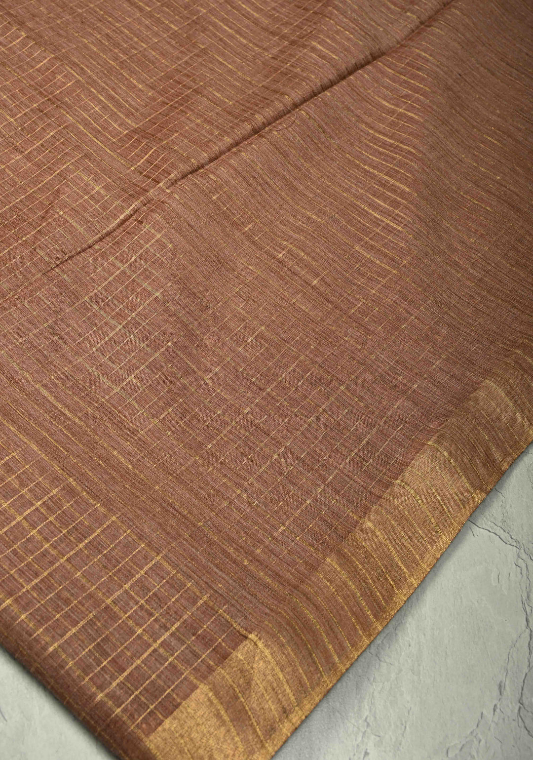 Dark Taupe Checks Tussar by Silk Saree with Minimal Zari Border