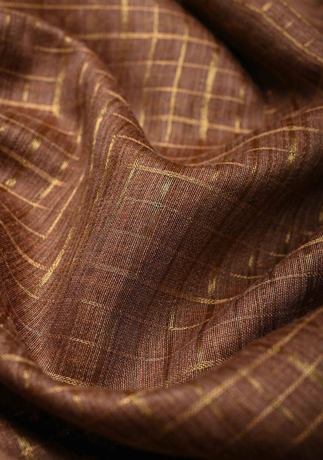 Dark Taupe Checks Tussar by Silk Saree with Minimal Zari Border