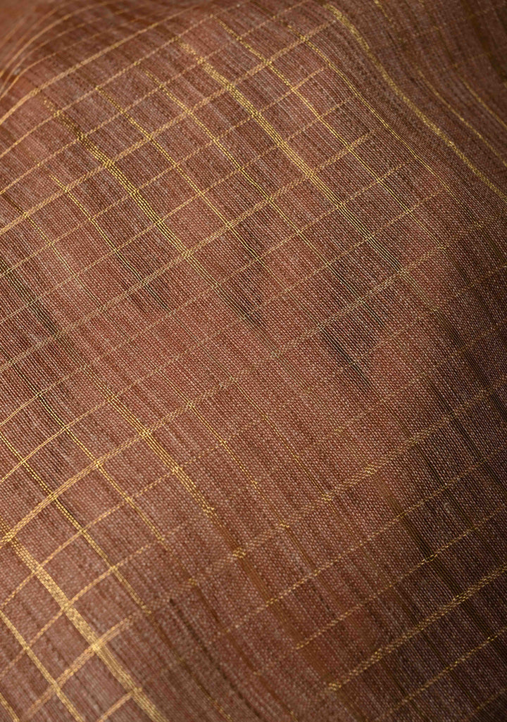 Dark Taupe Checks Tussar by Silk Saree with Minimal Zari Border