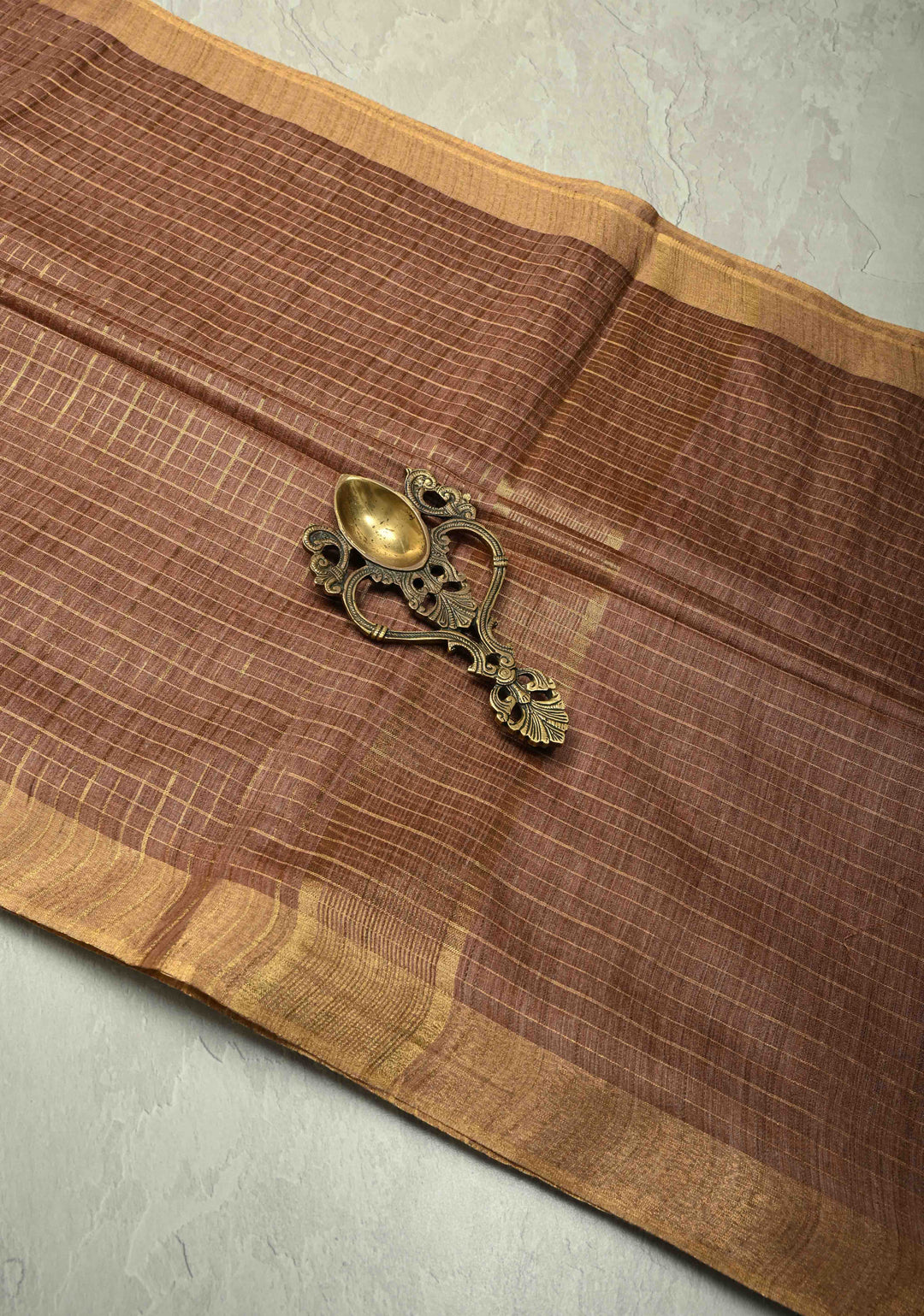 Dark Taupe Checks Tussar by Silk Saree with Minimal Zari Border
