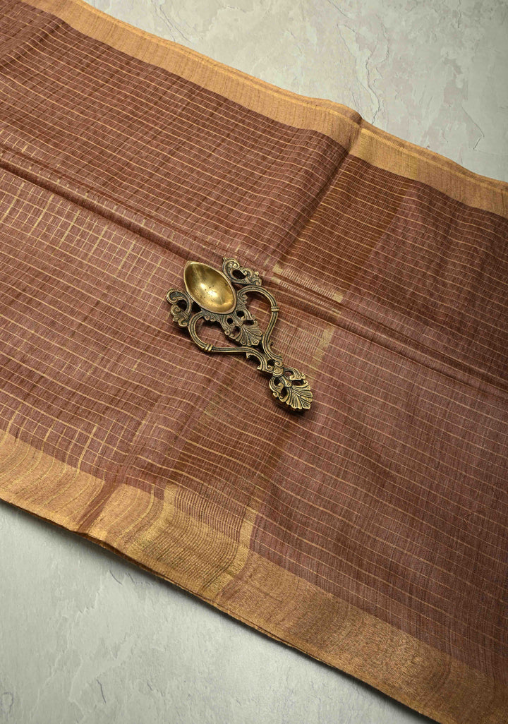 Dark Taupe Checks Tussar by Silk Saree with Minimal Zari Border