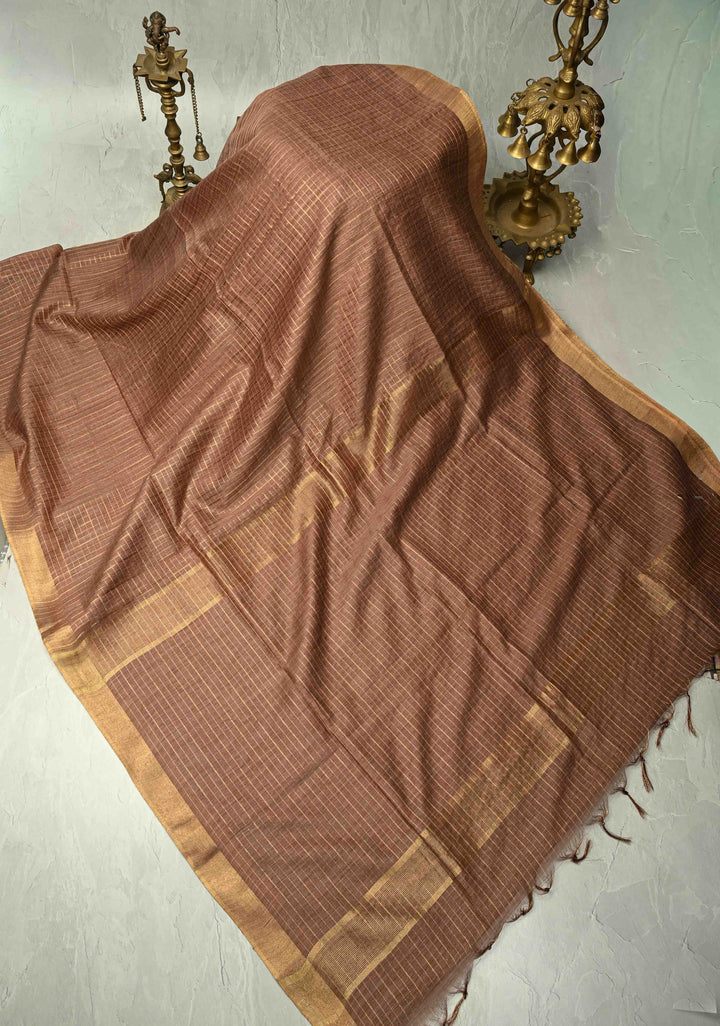 Dark Taupe Checks Tussar by Silk Saree with Minimal Zari Border